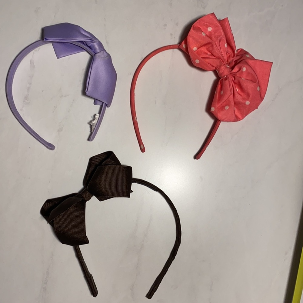 Set of 3 bow headbands lavender purple dark brown coral pink polka dot​ - Picture 2 of 13